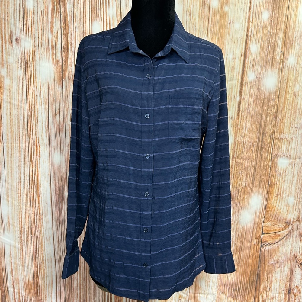 Banana Republic Factory Navy Blue Shadow Stripe Button Down‎ Top